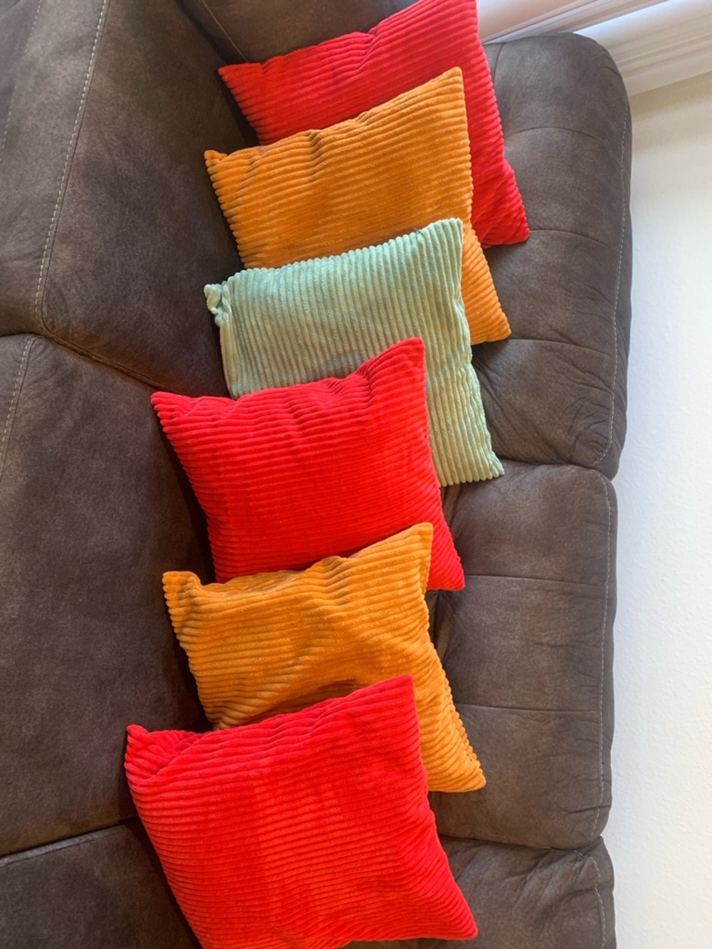 Set of 6 Corduroy Throw Pillows - Red, Orange, Mint
